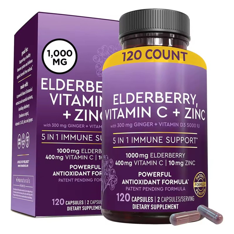 Natural Herbal Supplement Black Elderberry Extract Multi-Vitamin Capsules Vegan Immune Booster Improves Endurance