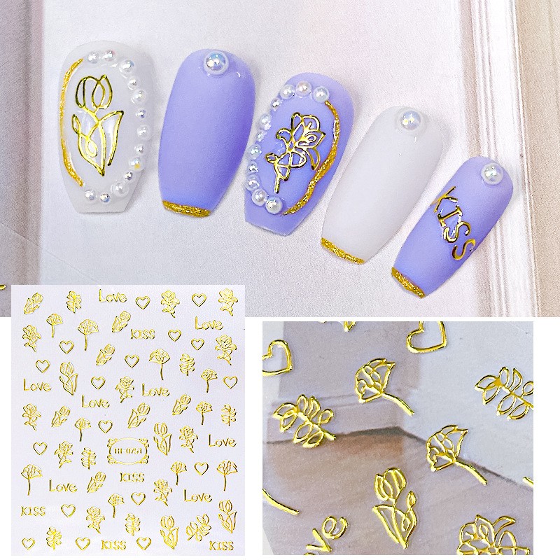 3D Nail Stickers Factory - Hot Sale Mixed Design Metal Flower Gold Heart DIY Accessories