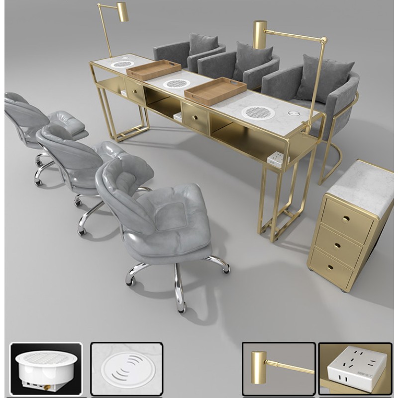 Professional Manicure Table Manufacturer - 5 in 1 Smart Double Marble Desk with Dust Vacuum