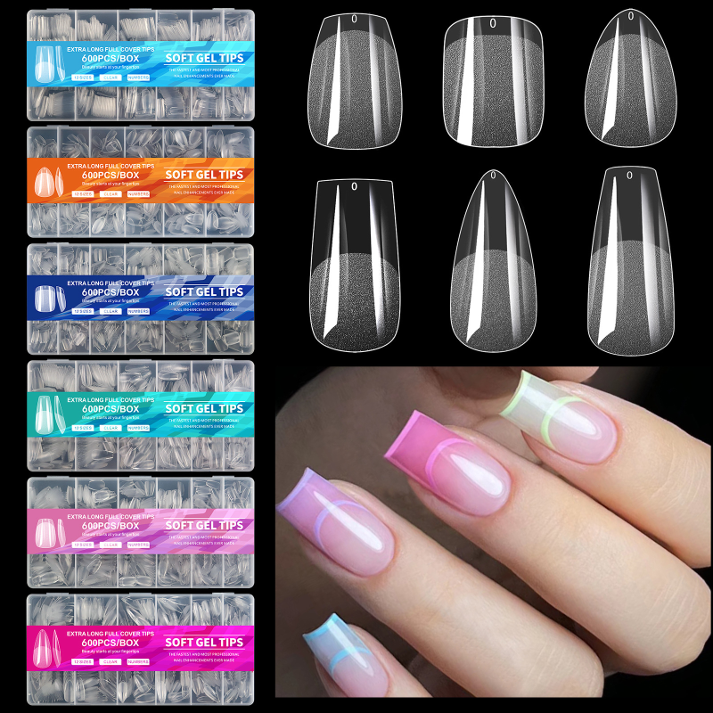 Gel Nail Tips Factory - 600Pcs Half Matte Full Cover Soft Gel PMMA Traceless Coffin Tips