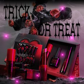 Custom Makeup Set Manufacturer - 4-in-1 Halloween Party Kit with Lip Powder, Two-Tone Eyeshadow Stick & False Fingernails