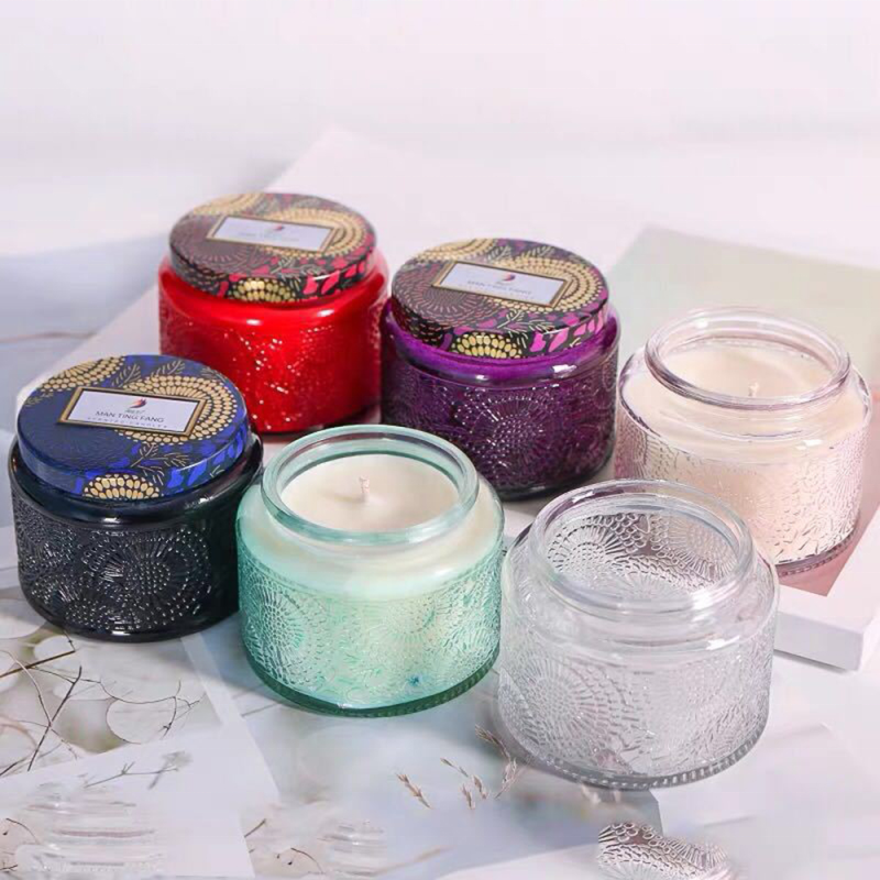 Colored Glass Candle Jar Factory - Luxury Fancy Design Customized Colored Glass with Metal Lid