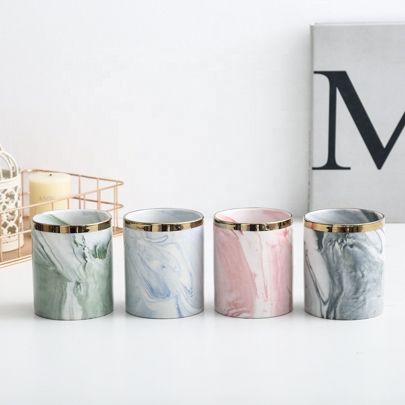 Ceramic Candle Jar Supplier - D8cmH9.7cm Marble Pattern Colored Ceramics Glazed Candle Holder