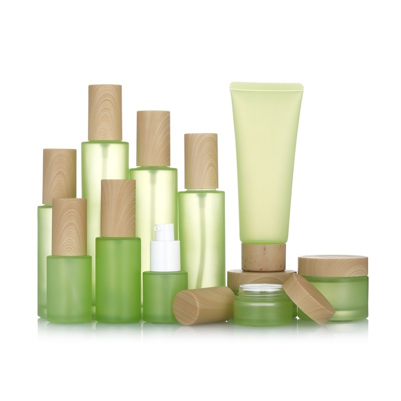 Glass Packaging Set Supplier - Light Green Frosted Cream Jar Bottle Set