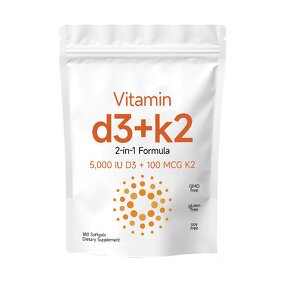 Vitamin D3 K2 Softgel Capsules Manufacturer - 5000IU D3 with 100mcg K2 for Immune & Bone Support, 180 Capsules