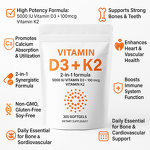 Vitamin D3 and K2 Softgels Manufacturer - 5000IU D3 & 100mcg K2 for Bone & Immune Support, 180 Count