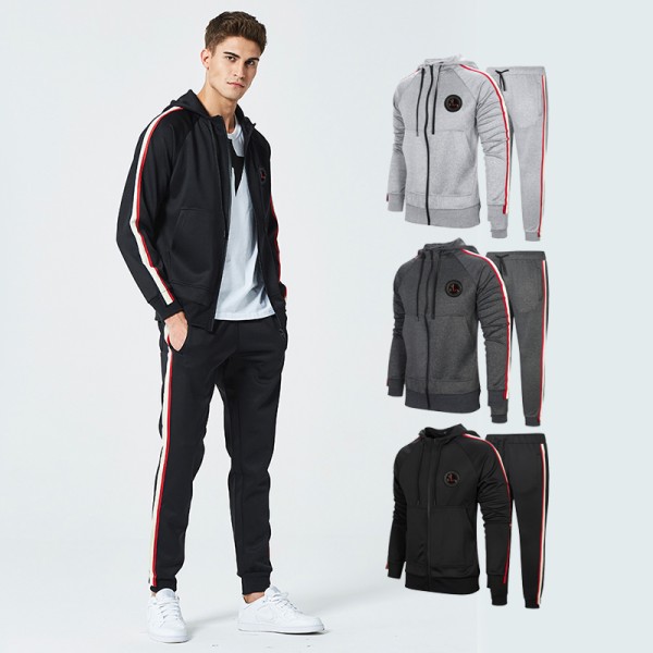 运动服供应商-定制男士运动服涤纶连帽衫夹克慢跑裤套装