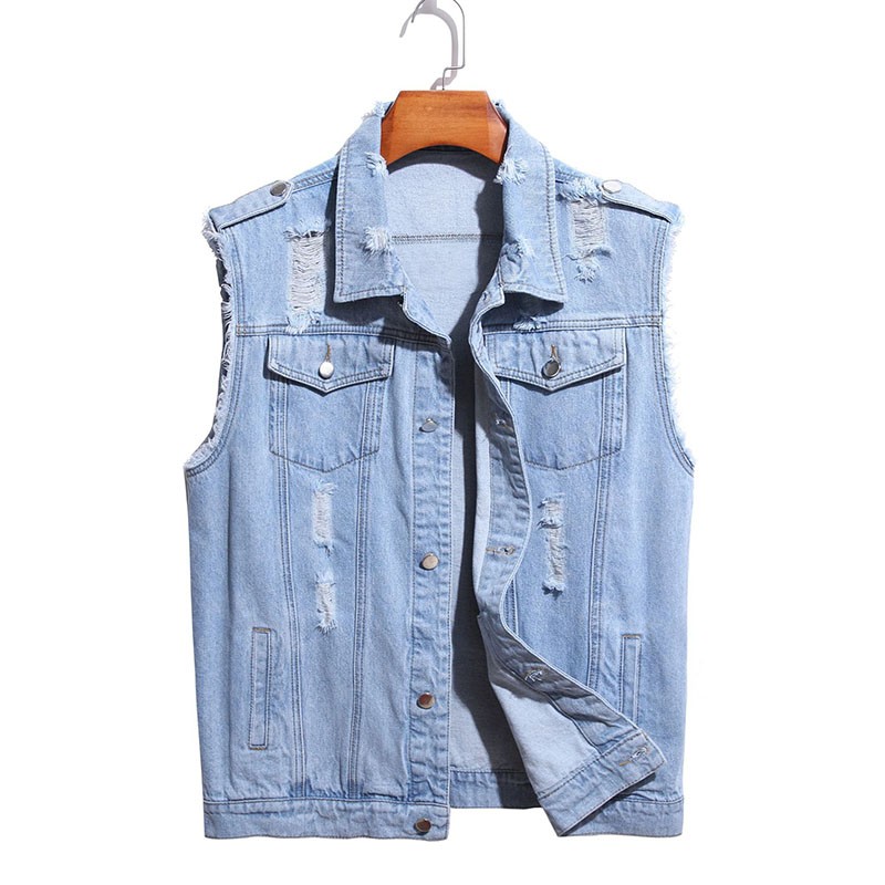 Denim Vest Factory - Washed Process Jean Vest Unisex Distressed Denim Vest Outer Wear