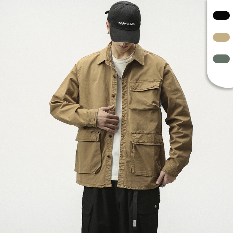 Button Up Shirts Manufacturer - Men's Fashion Spring Big Pockets Lapel Collar Cargo Chino