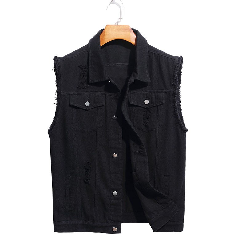 Designer Vest Supplier - Men's Washed Ripped Raw Cuff Edge Black Denim Jean Waistcoat