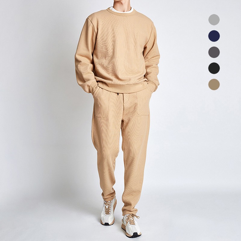 Waffle Tracksuits Supplier - Custom Logo Waffle Lattice Washed Sweatsuits Unisex Jogger Set
