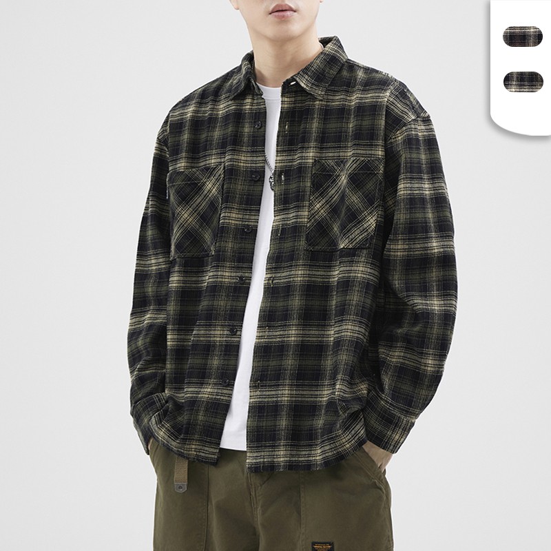 Checked Chino Shirts Factory - Men's Spring Neutral Style Classic Woven Lapel Collar