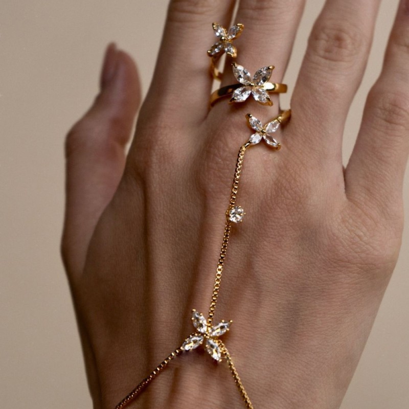 Flower Ring Bracelet Factory - Zircon Gold Plating Chain Finger Bracelet