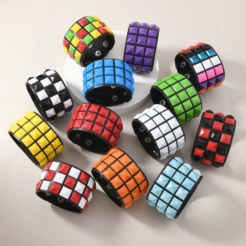 PU Leather Bracelet Manufacturer - Retro Punk Colorful Open Bracelet