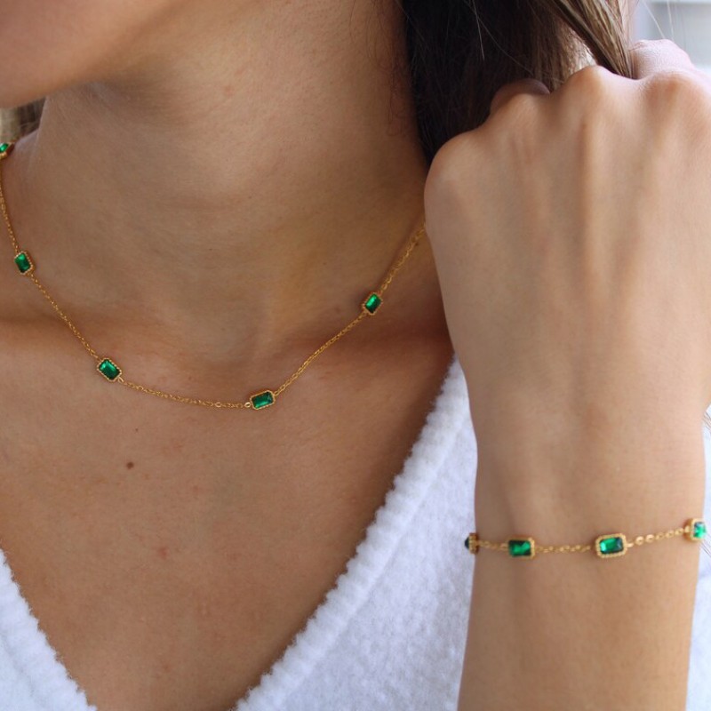Green Necklace Supplier - Zircon Stainless Steel Lock Chain Necklace