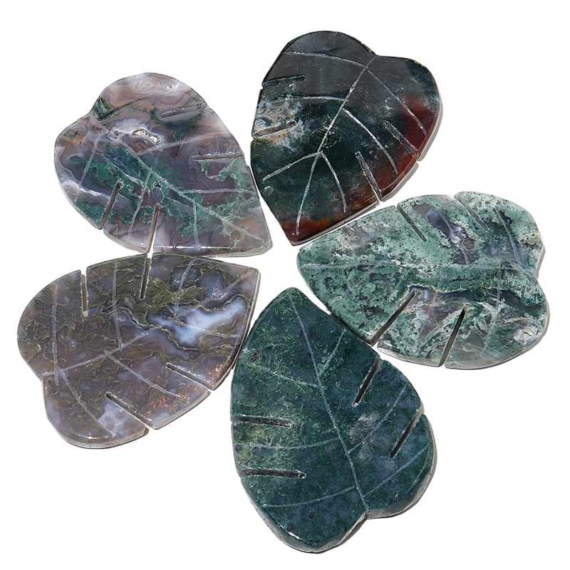 Healing Stones Factory - Hand Carved Natural Leaf Shaped Moss Agate Crystal Crafts