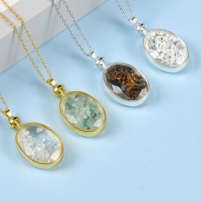 宝石吊坠工厂-时尚椭圆形紫水晶砾石银吊坠疗愈石