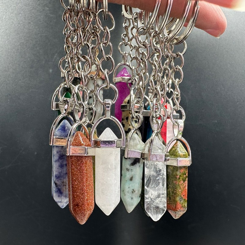 Crystal Keychain Supplier - New Arrival Natural Rose Quartz Point Malachite Bullet Keychain