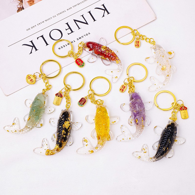Crystal Keychain Factory - Natural Healing Amethyst Crushed Chips Resin Koi Fish Keychain