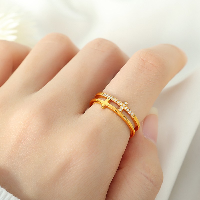 Finger Rings Manufacturer - Trendy Double Cross Stainless Steel CZ Zircon Diamond Jewelry