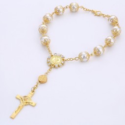 Gold Rosary Bracelet Manufacturer - 10mm Catholic Gold Plated Rosary Pearl Beaded Jesus Bracelet