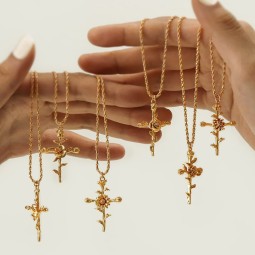 Birth Flower Manufacturer - Copper Plated Real Gold 12 Months Cross Birth Flower Necklace Gift