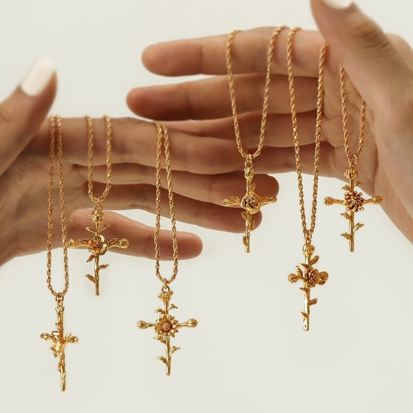 Birth Flower Manufacturer - Copper Plated Real Gold 12 Months Cross Birth Flower Necklace Gift