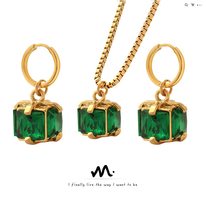Emerald Set Factory - Niche Design Luxurious Titanium Steel Emerald Zircon Necklace Earrings Set