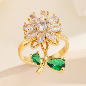Lucky Grass Ring Supplier - 18K Real Gold Color Lucky Grass Diamond Ring Rotatable Adjustable