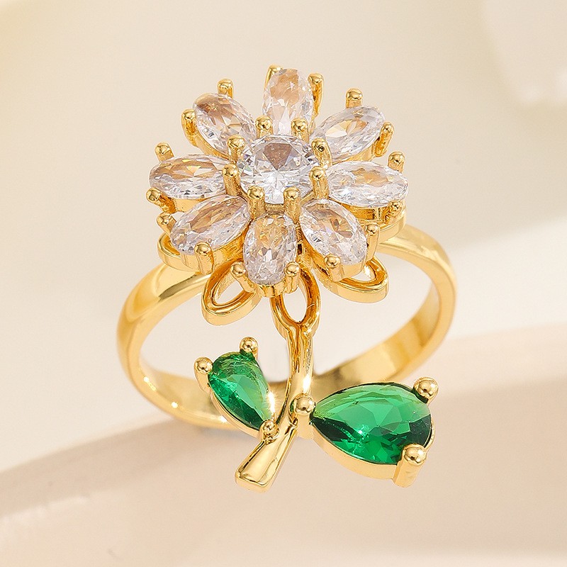 Lucky Grass Ring Supplier - 18K Real Gold Color Lucky Grass Diamond Ring Rotatable Adjustable