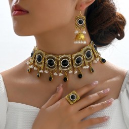 Retro Gemstone Set Factory - Exaggerated Retro Gemstone Necklace Earring Ring Luxury Set