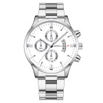 Business Watch Factory - Round Stainless Steel Band Calendar Quartz Watch Three Eyes Dial