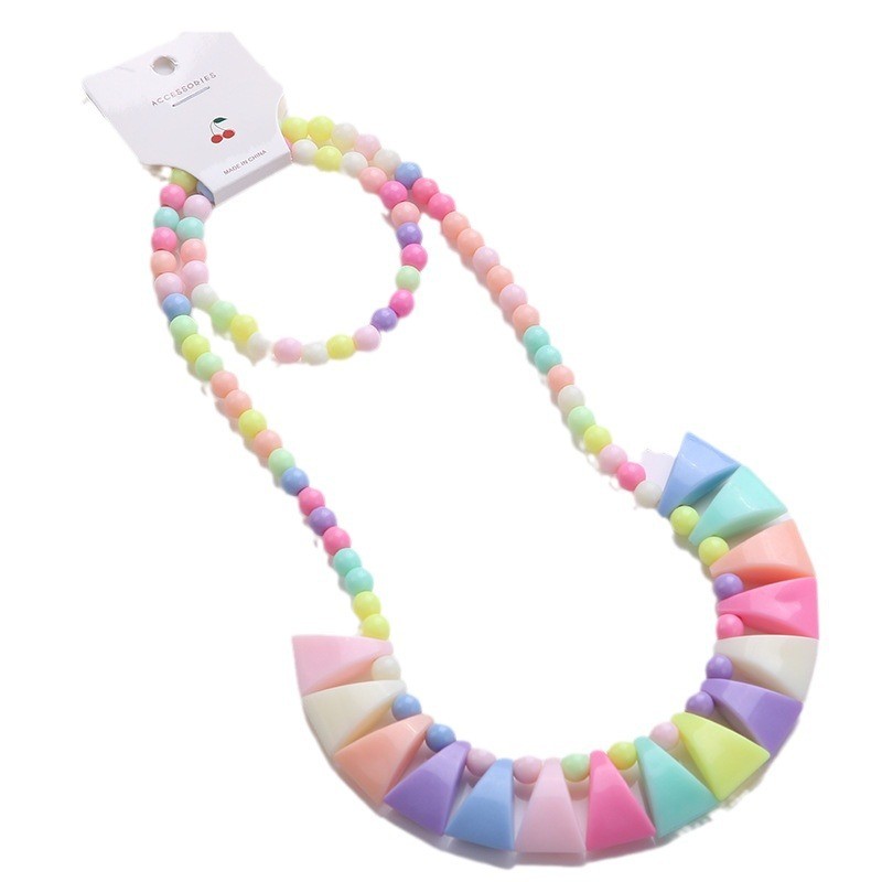 Korean Set Supplier - 2pcs/set Korean Girls Candy Color Necklace Children's Plastic Beaded Set