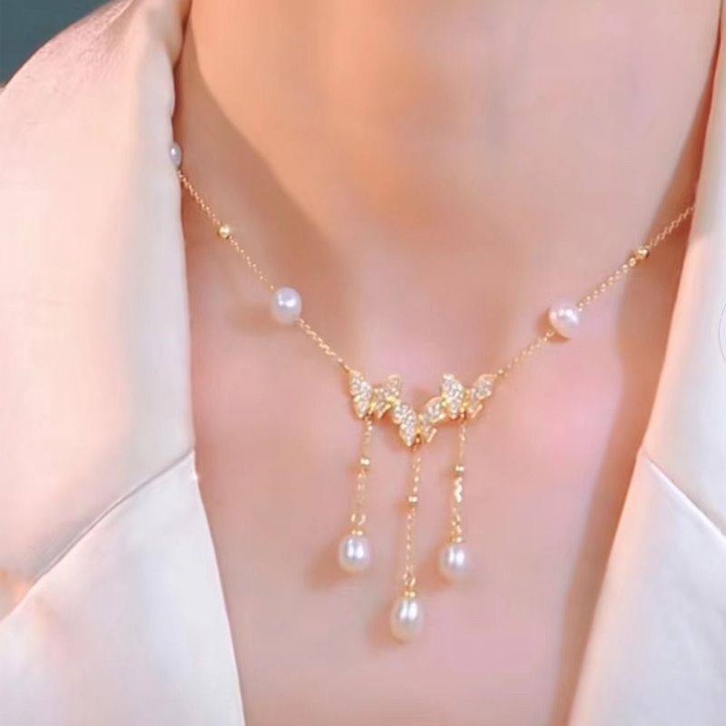 Butterfly Necklace Factory - Wholesale Women's 18k Gold Plated Pearl Butterfly Sparkling Necklace