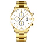 Business Watch Factory - Round Stainless Steel Band Calendar Quartz Watch Three Eyes Dial