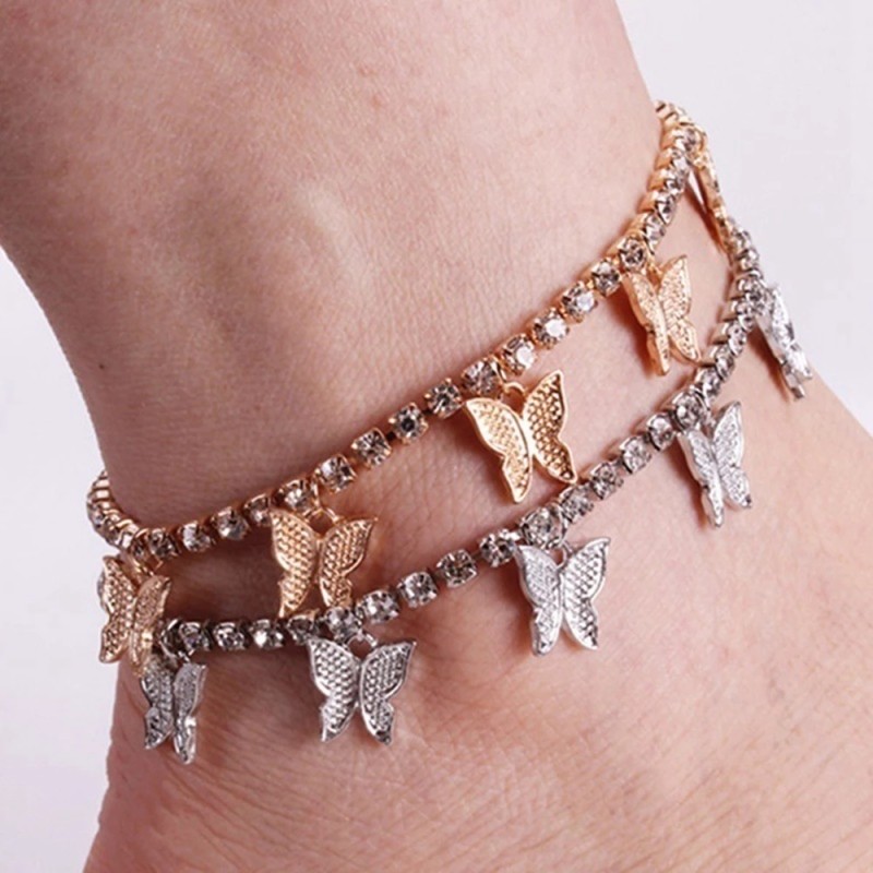 Butterfly Anklet Supplier - Butterfly Stainless Steel Anklet Rhinestone Cuban Chain Foot Jewelry