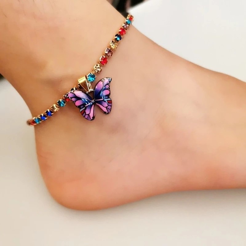 Butterfly Anklet Supplier - Fashion Butterfly Charms Crystal Stainless Steel Foot Chain Jewelry