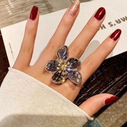 Crystal Flower Ring Factory - Personality Exaggerated Crystal Flower Ring Women's Adjustable