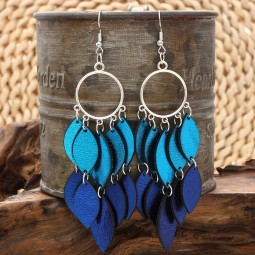 PU Leather Earrings Manufacturer - New Bohemian Style Feather Shape Tassel PU Leather Earrings