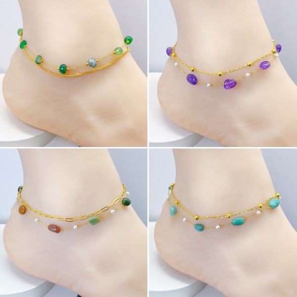Beaded Anklet Manufacturer - Wholesale Colorful Natural Stone 18k Gold Plated Stainless Steel