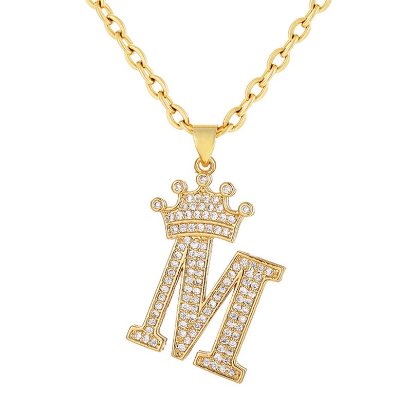 Crown Pendant Supplier - Waterproof Copper Plated 18K Gold 26 Letters Crown Pendant Necklace