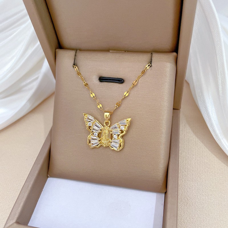 Butterfly Necklace Supplier - Luxury Gold Plated Crystal Zircon Butterfly Virgin Mary Pendant
