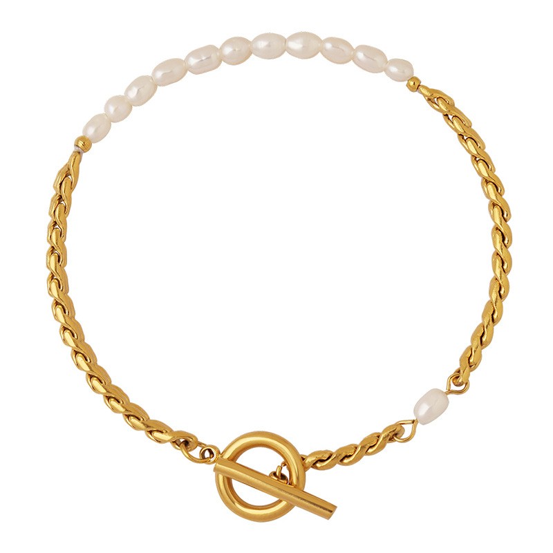 Pearl Bracelet Supplier - Non-fade Fresh Water Pearl OT Buckle Titanium Steel 18K Gold Bracelet