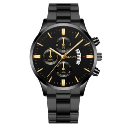 Business Watch Factory - Round Stainless Steel Band Calendar Quartz Watch Three Eyes Dial