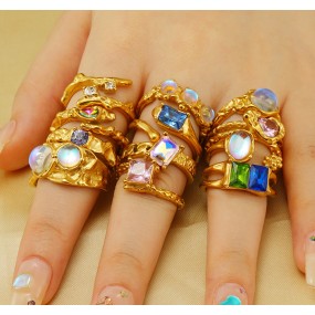 月光石戒指工厂-复古不锈钢镀18k金月光石可调节戒指