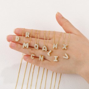 Initial Necklace Factory - Mini Bubble Letter Initial Necklace Gold Diamond Alphabet Balloon Letter for Women