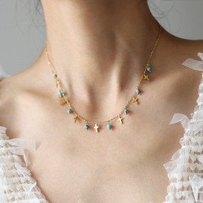 Cross Charm Necklace Supplier - Delicate Gold Cross Blue Beaded Choker Chain Women Fashion Jewelry