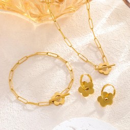 Jewelry Set Factory - Lucky Flower Set with Tonggle Clasp Paperclip Chains Necklace Bracelet Earrings