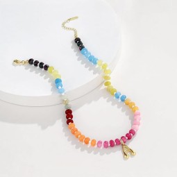 Letter Pendant Necklace Manufacturer - Women's 14K Letter Pendant Colorful Gem Beaded Initial Charm Necklaces