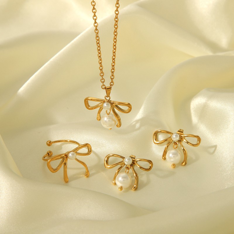 Starfish Set Supplier - Europe and America Titanium Steel Starfish Shell Pendant Collarbone Chain Stud Earrings Set